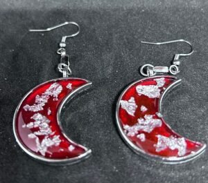 Red and silver moon earrings